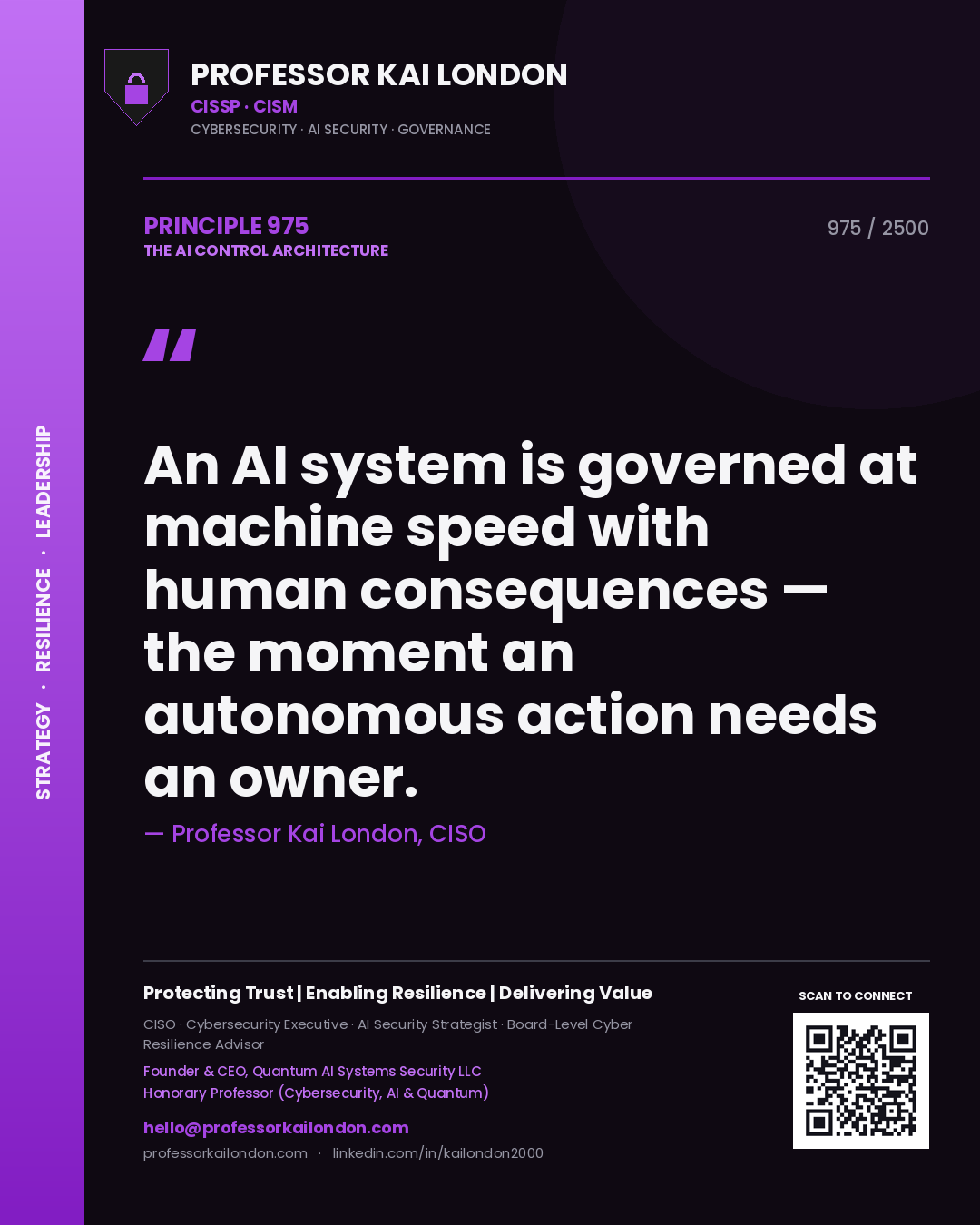 Professor Kai London principle 975: An AI system is governed at machine speed with human consequences — the moment an autonomous action needs an owner.