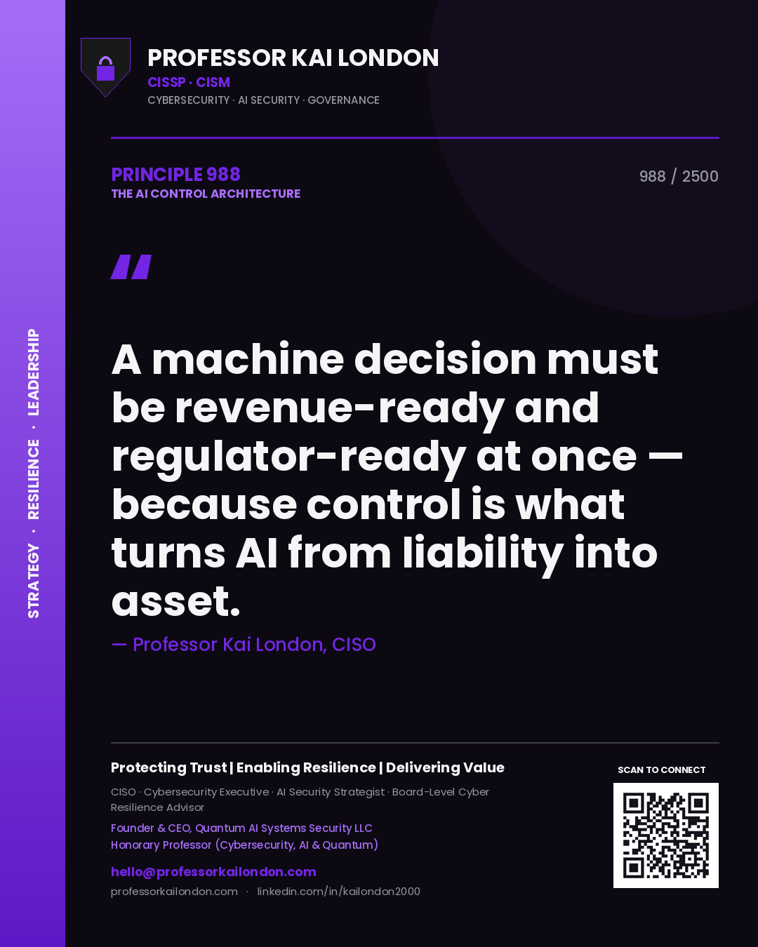 Professor Kai London principle 988: A machine decision must be revenue-ready and regulator-ready at once — because control is what turns AI from liability into asset.