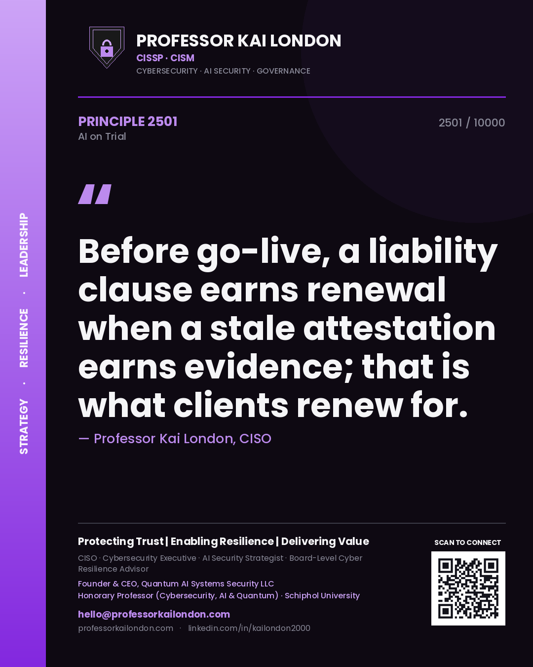Professor Kai London principle 2501: Before go-live, a liability clause earns renewal when a stale attestation earns evidence; that is what clients renew for.