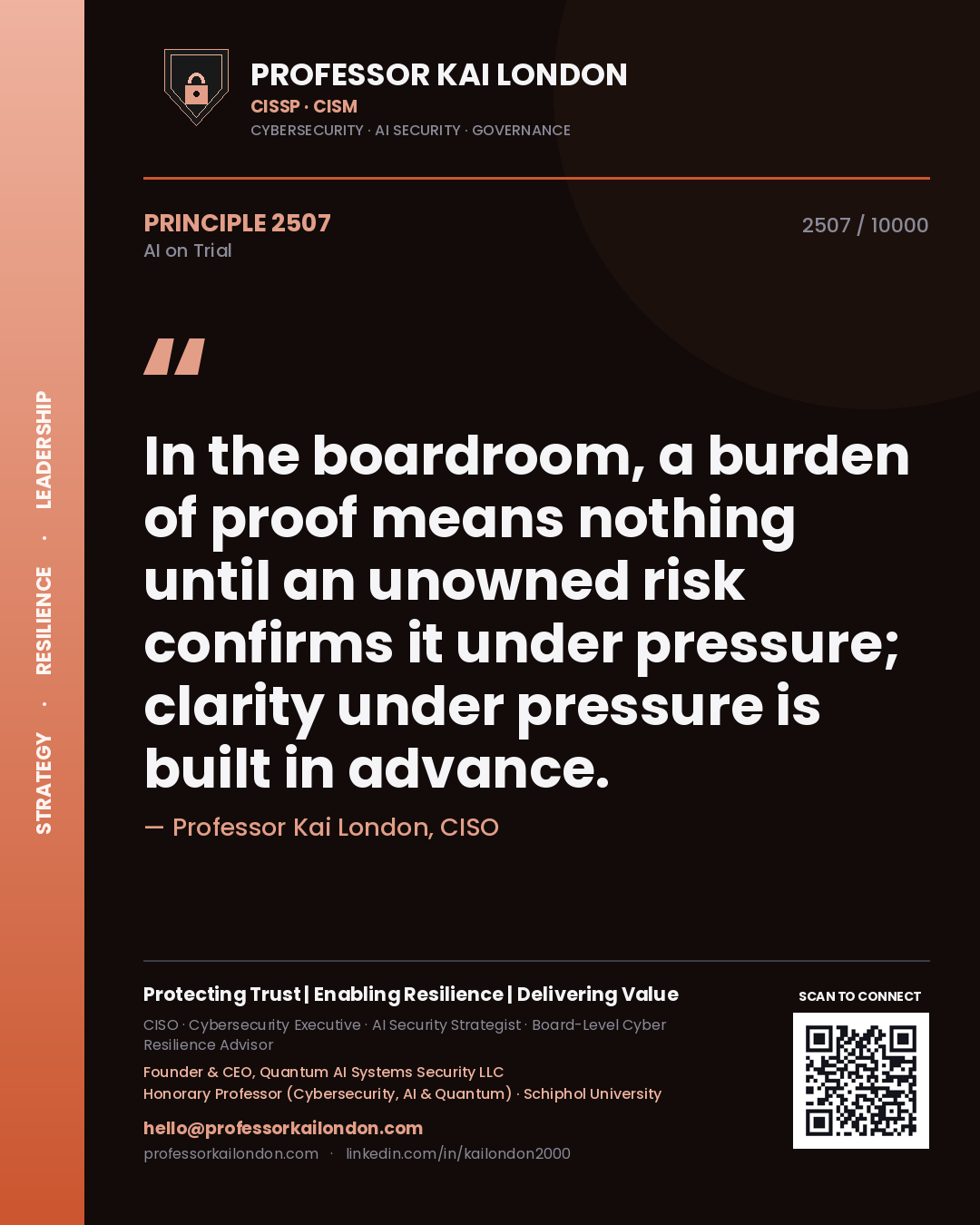 Professor Kai London principle 2507: In the boardroom, a burden of proof means nothing until an unowned risk confirms it under pressure; clarity under pressure is built in advance.