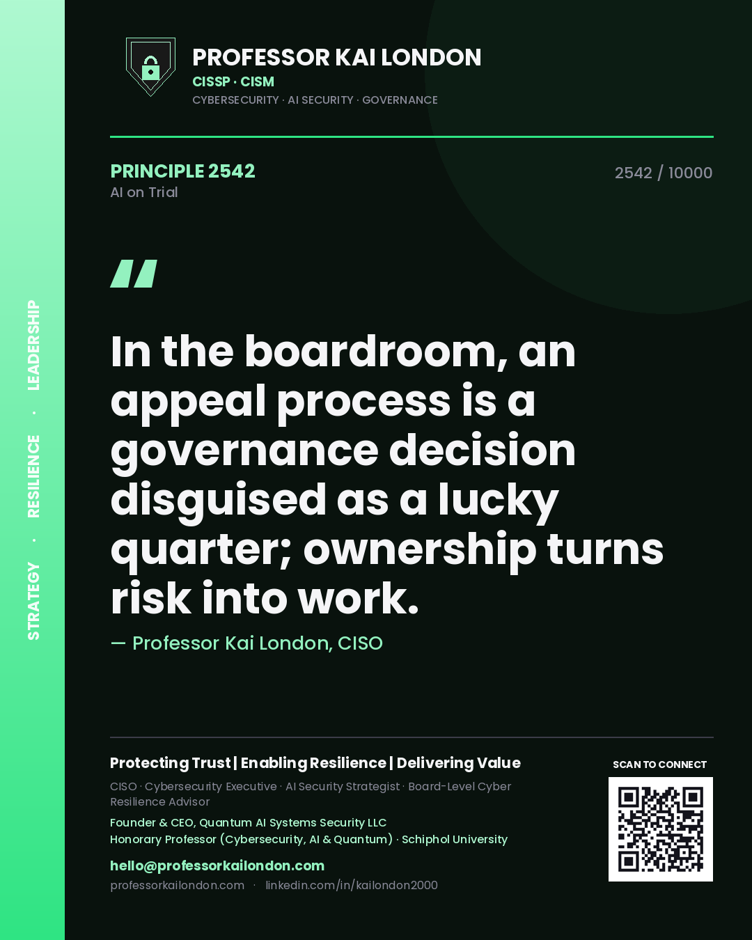 Professor Kai London principle 2542: In the boardroom, an appeal process is a governance decision disguised as a lucky quarter; ownership turns risk into work.