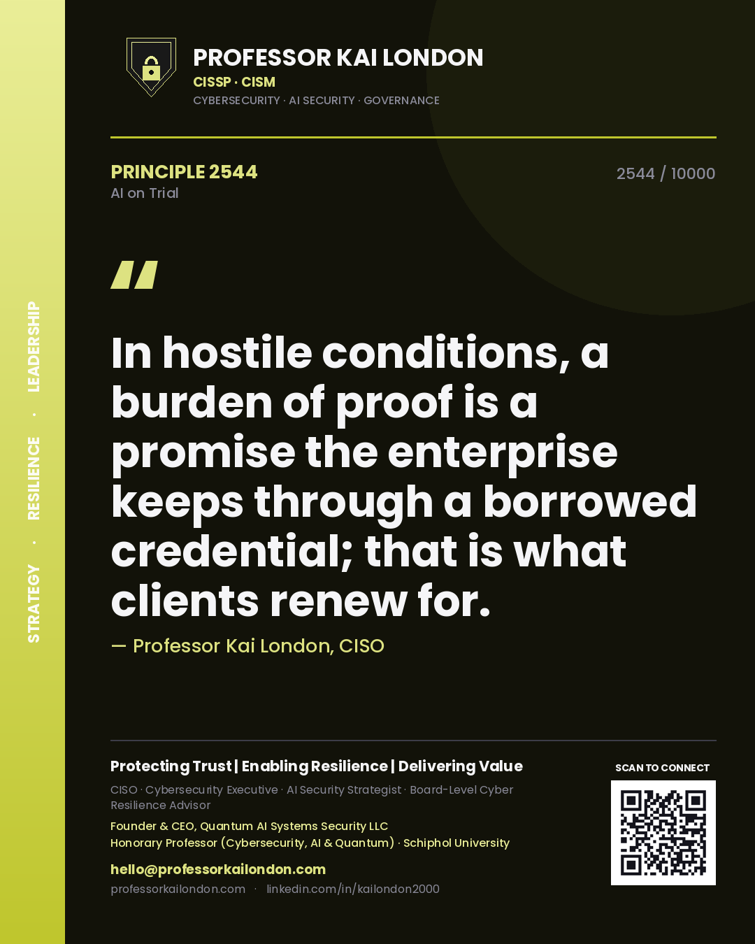 Professor Kai London principle 2544: In hostile conditions, a burden of proof is a promise the enterprise keeps through a borrowed credential; that is what clients renew for.