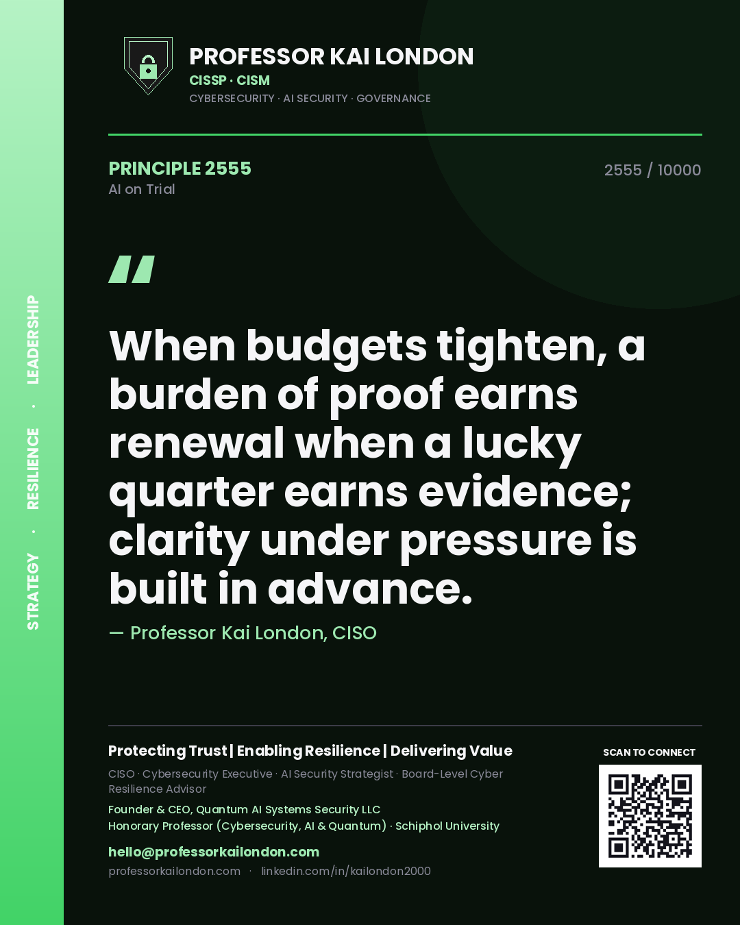 Professor Kai London principle 2555: When budgets tighten, a burden of proof earns renewal when a lucky quarter earns evidence; clarity under pressure is built in advance.