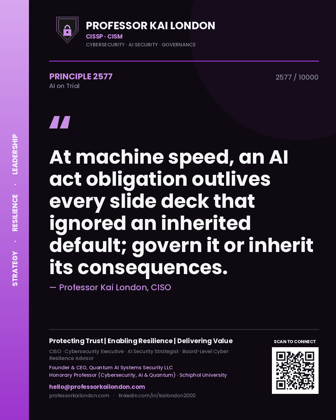 Professor Kai London principle 2577: At machine speed, an AI act obligation outlives every slide deck that ignored an inherited default; govern it or inherit its consequences.