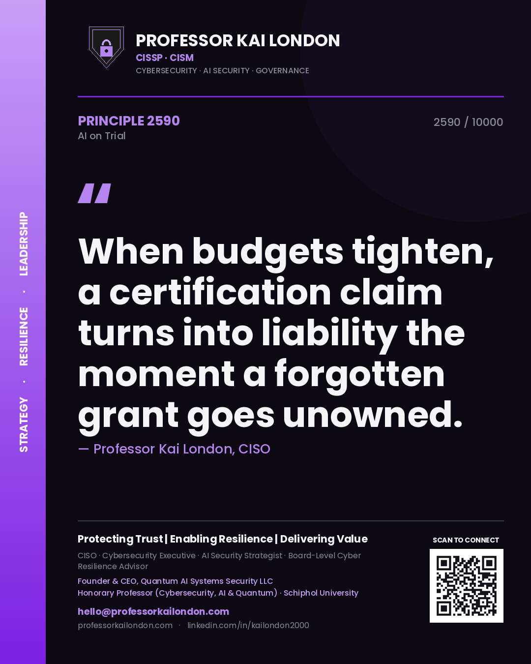 Professor Kai London principle 2590: When budgets tighten, a certification claim turns into liability the moment a forgotten grant goes unowned.