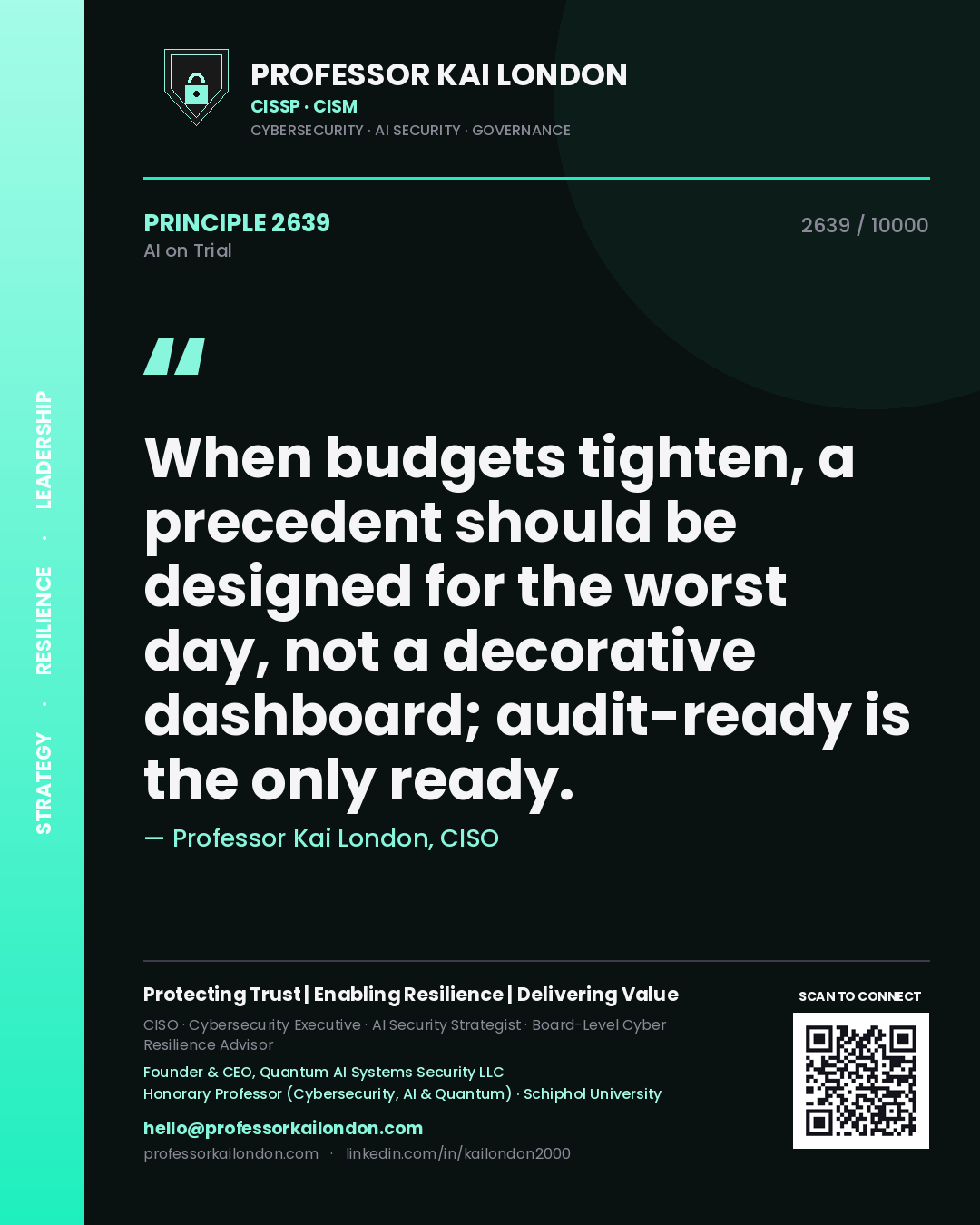 Professor Kai London principle 2639: When budgets tighten, a precedent should be designed for the worst day, not a decorative dashboard; audit-ready is the only ready.