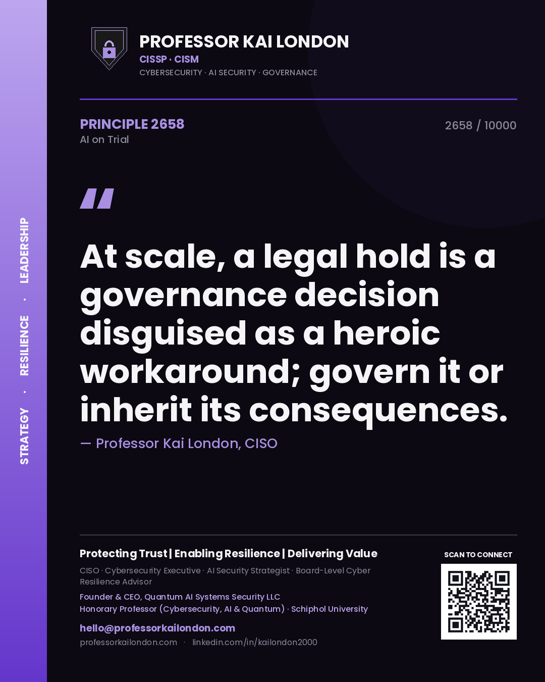 Professor Kai London principle 2658: At scale, a legal hold is a governance decision disguised as a heroic workaround; govern it or inherit its consequences.