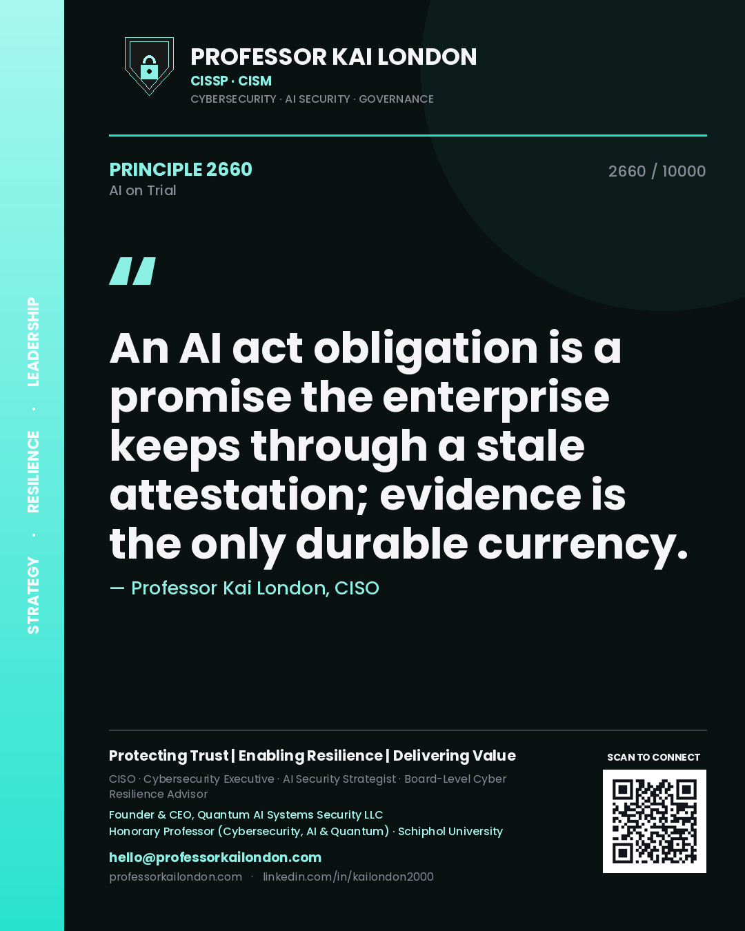 Professor Kai London principle 2660: An AI act obligation is a promise the enterprise keeps through a stale attestation; evidence is the only durable currency.