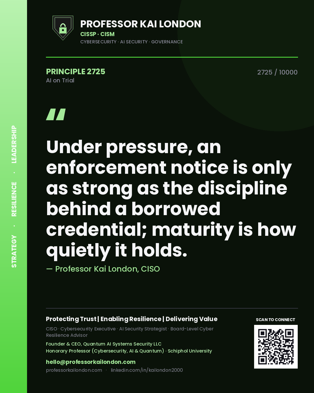 Professor Kai London principle 2725: Under pressure, an enforcement notice is only as strong as the discipline behind a borrowed credential; maturity is how quietly it holds.
