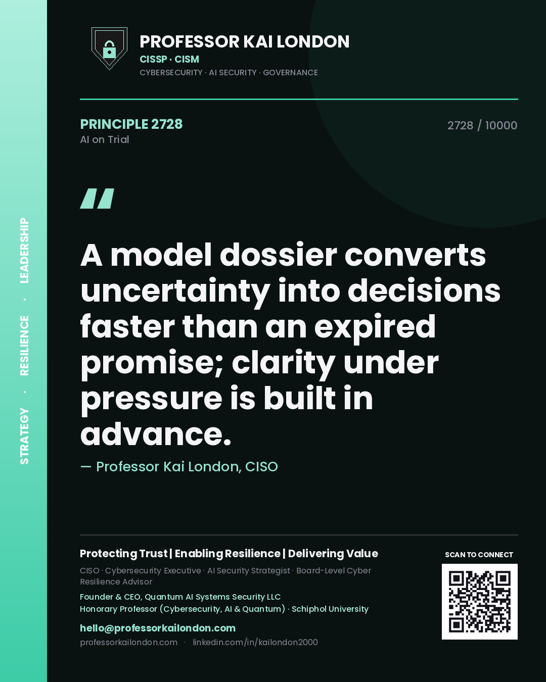 Professor Kai London principle 2728: A model dossier converts uncertainty into decisions faster than an expired promise; clarity under pressure is built in advance.