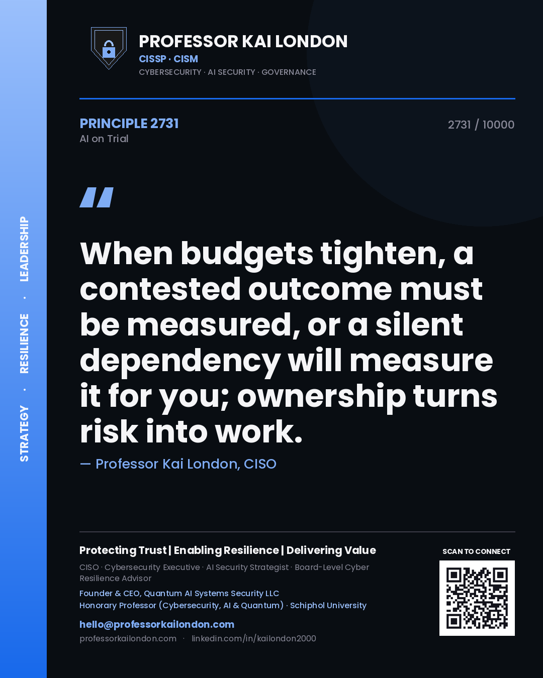 Professor Kai London principle 2731: When budgets tighten, a contested outcome must be measured, or a silent dependency will measure it for you; ownership turns risk into work.