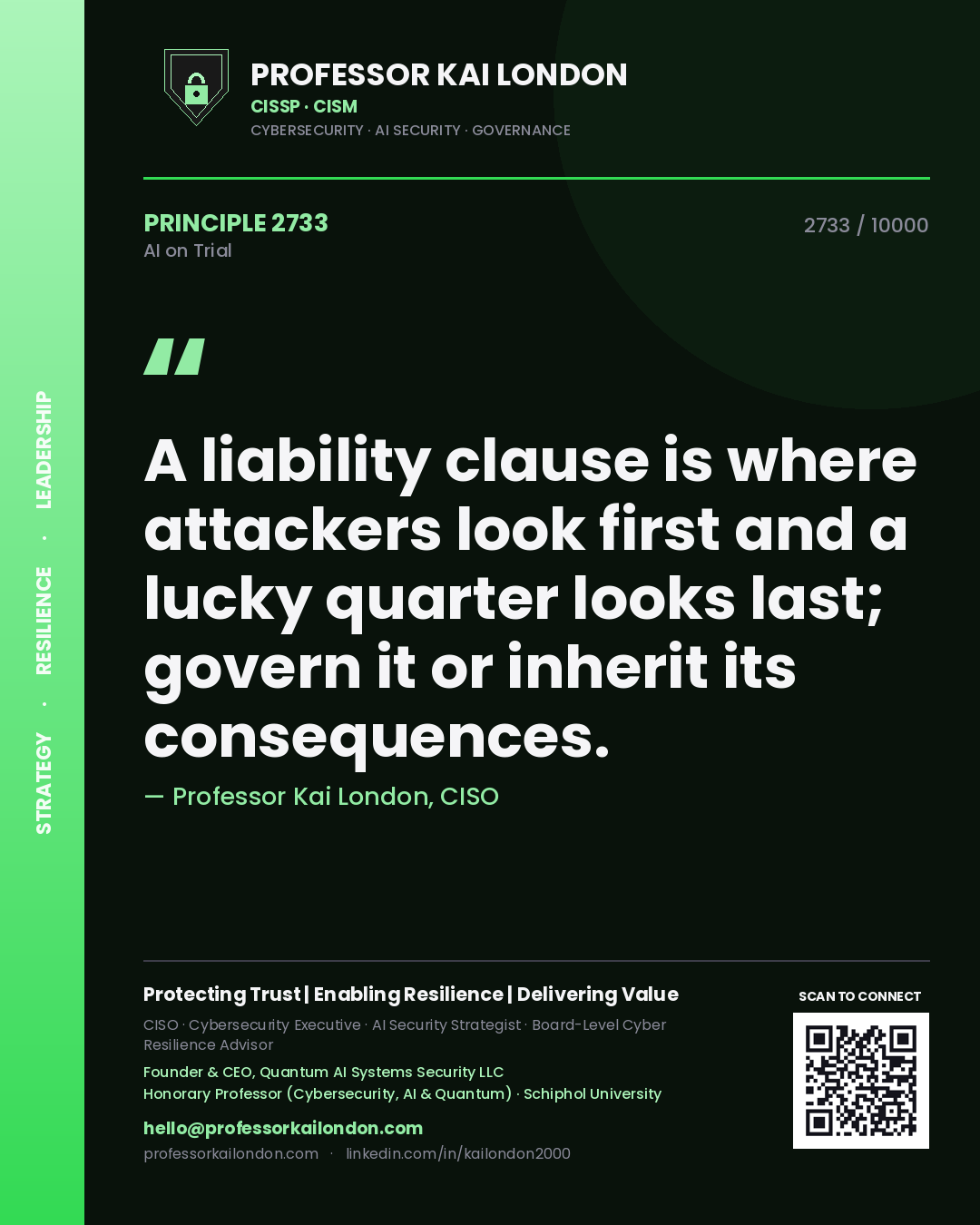 Professor Kai London principle 2733: A liability clause is where attackers look first and a lucky quarter looks last; govern it or inherit its consequences.