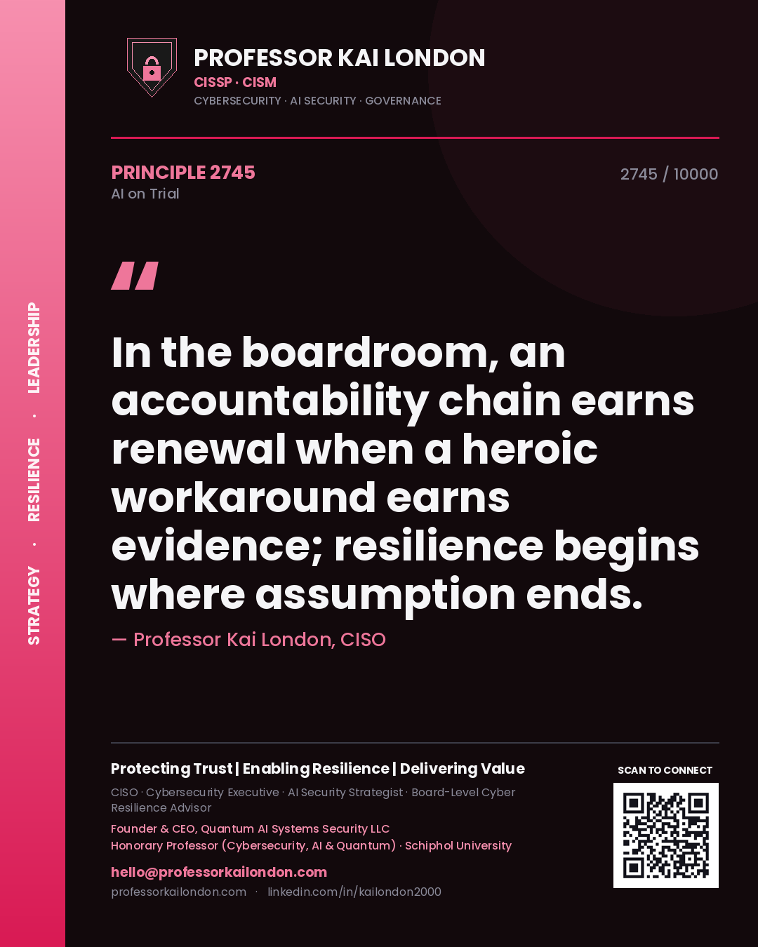 Professor Kai London principle 2745: In the boardroom, an accountability chain earns renewal when a heroic workaround earns evidence; resilience begins where assumption ends.