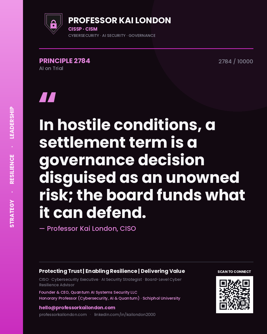 Professor Kai London principle 2784: In hostile conditions, a settlement term is a governance decision disguised as an unowned risk; the board funds what it can defend.