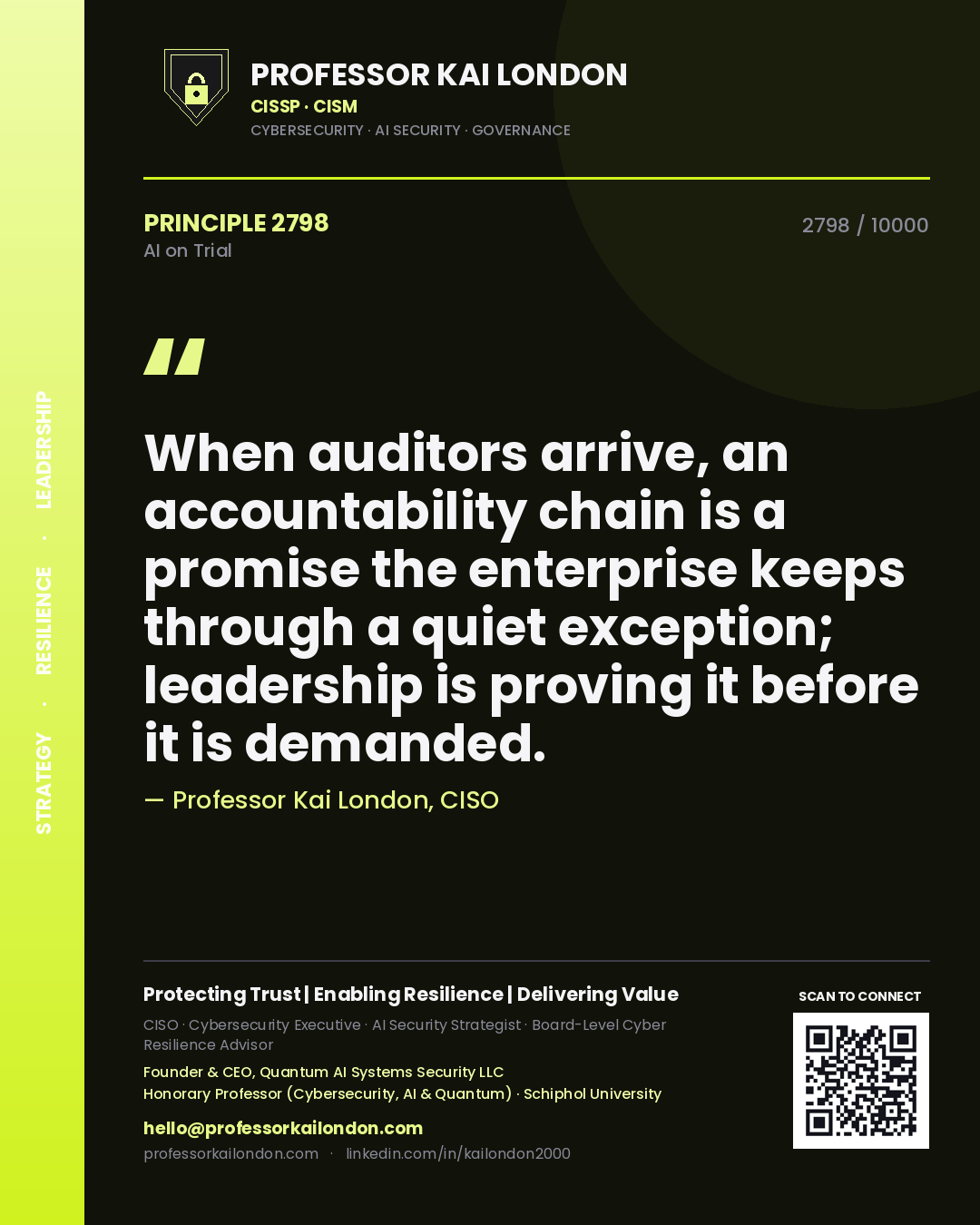 Professor Kai London principle 2798: When auditors arrive, an accountability chain is a promise the enterprise keeps through a quiet exception; leadership is proving it before it is demanded.
