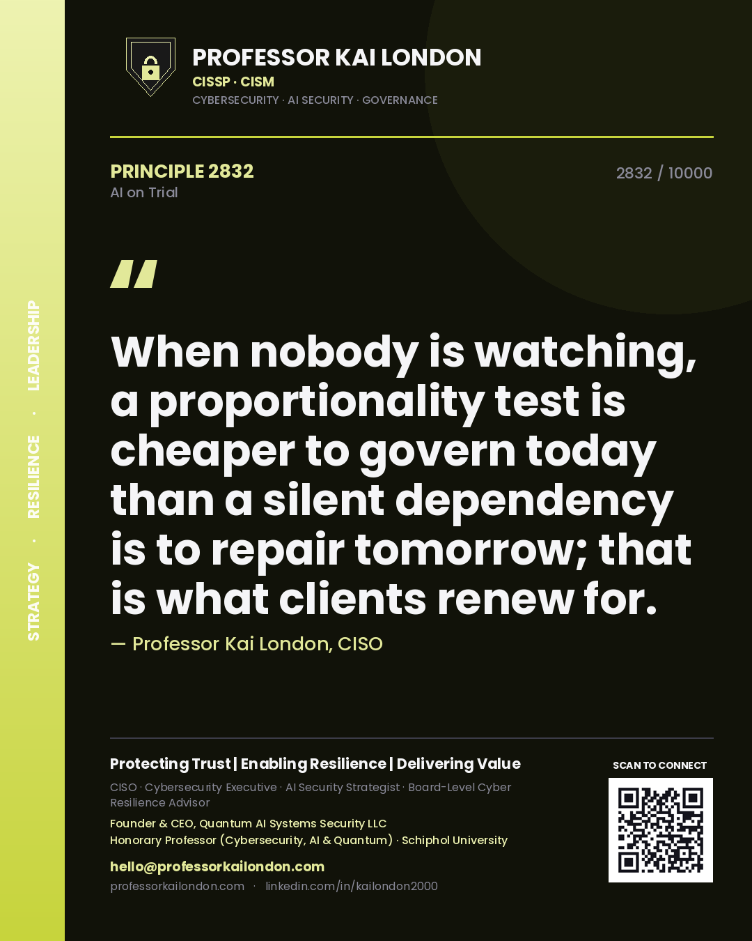 Professor Kai London principle 2832: When nobody is watching, a proportionality test is cheaper to govern today than a silent dependency is to repair tomorrow; that is what clients renew for.