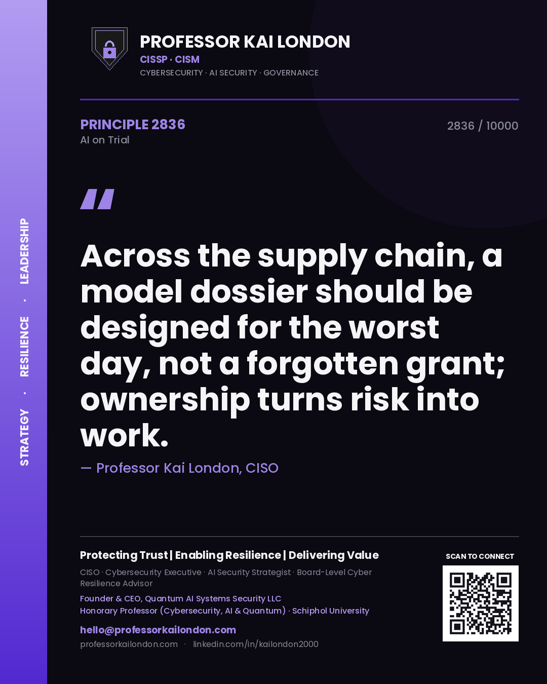 Professor Kai London principle 2836: Across the supply chain, a model dossier should be designed for the worst day, not a forgotten grant; ownership turns risk into work.