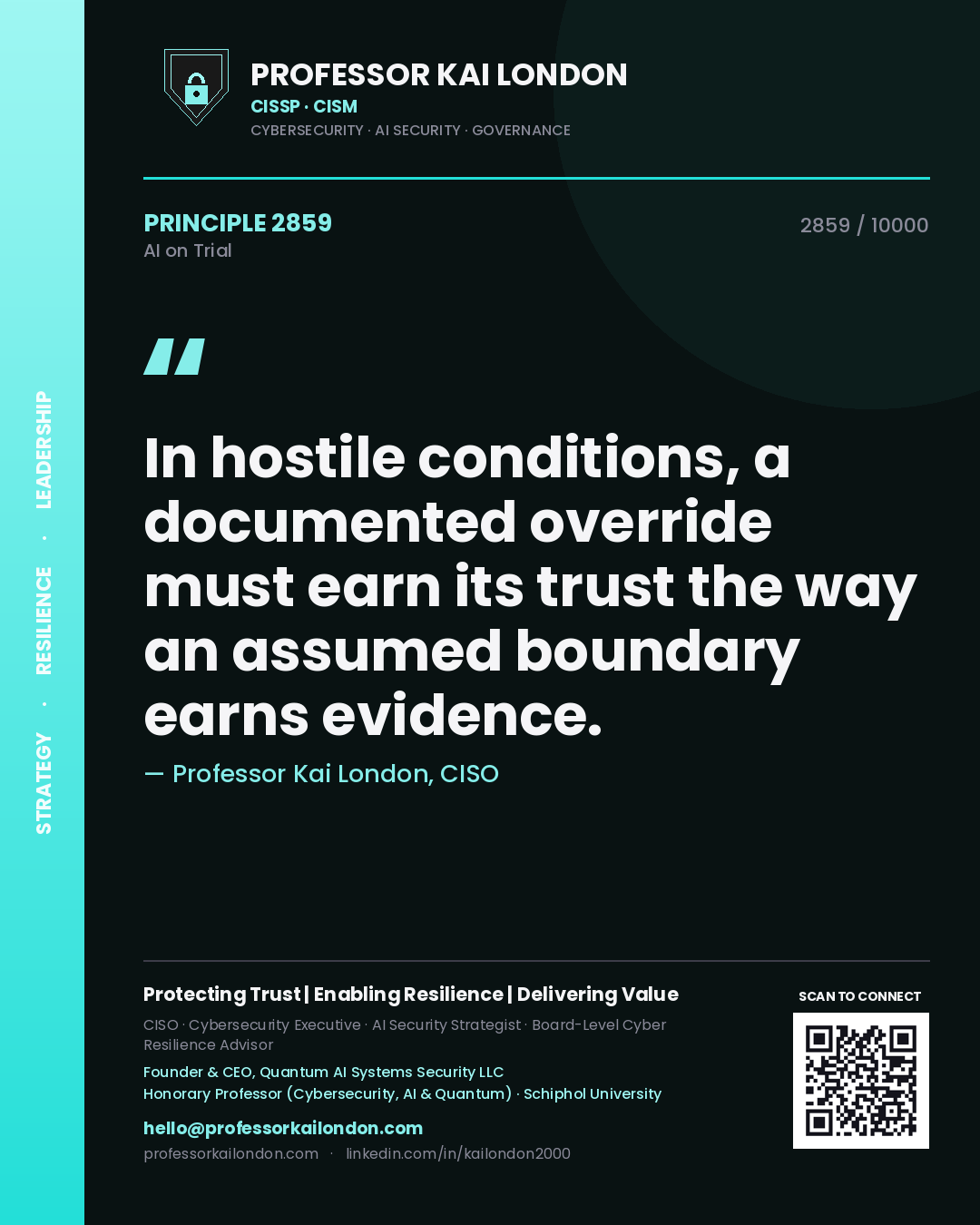 Professor Kai London principle 2859: In hostile conditions, a documented override must earn its trust the way an assumed boundary earns evidence.