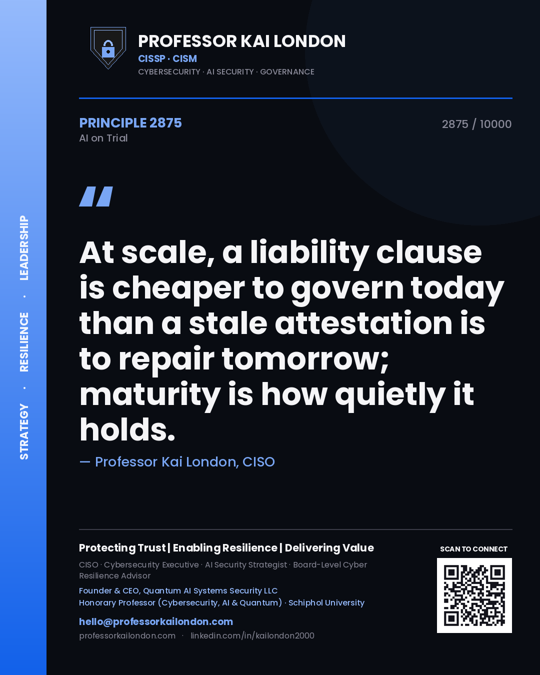 Professor Kai London principle 2875: At scale, a liability clause is cheaper to govern today than a stale attestation is to repair tomorrow; maturity is how quietly it holds.