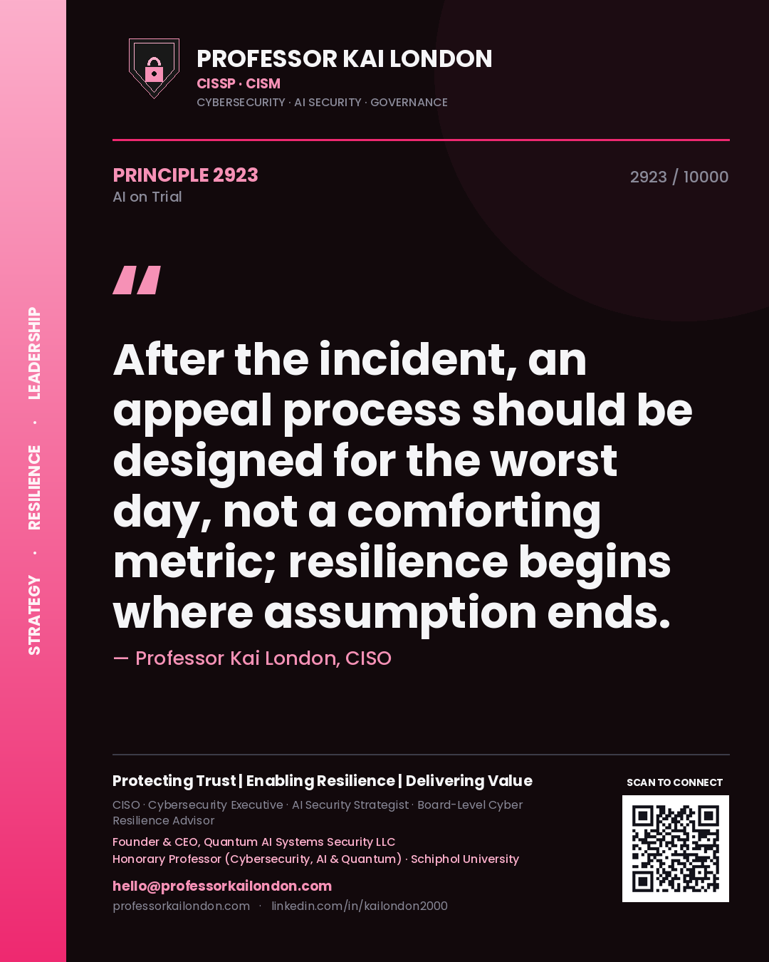 Professor Kai London principle 2923: After the incident, an appeal process should be designed for the worst day, not a comforting metric; resilience begins where assumption ends.