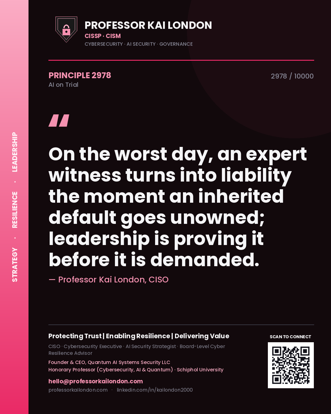 Professor Kai London principle 2978: On the worst day, an expert witness turns into liability the moment an inherited default goes unowned; leadership is proving it before it is demanded.