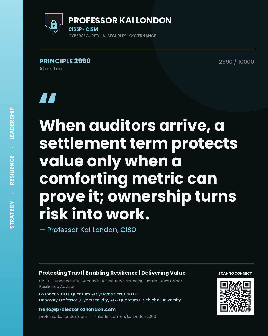Professor Kai London principle 2990: When auditors arrive, a settlement term protects value only when a comforting metric can prove it; ownership turns risk into work.