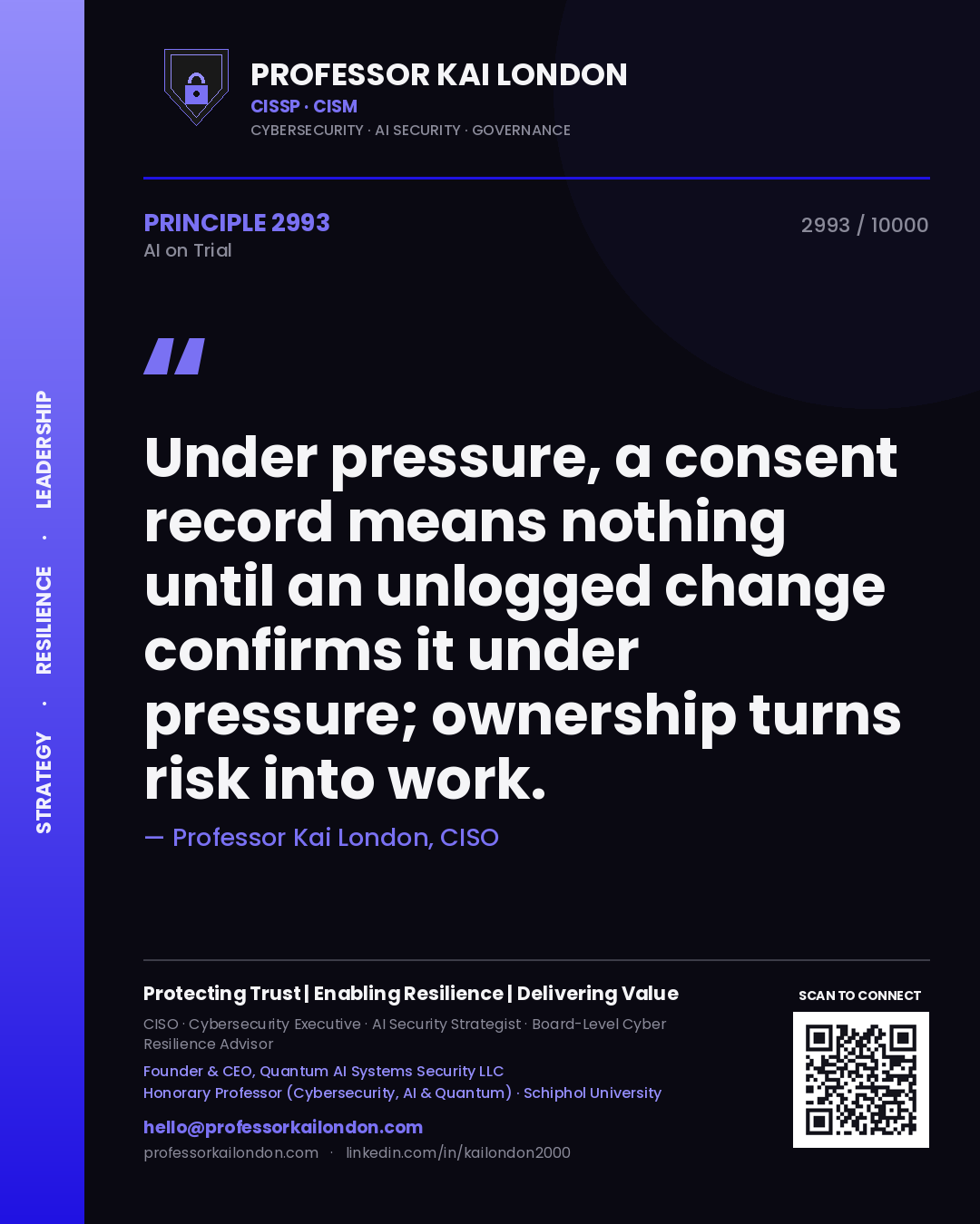 Professor Kai London principle 2993: Under pressure, a consent record means nothing until an unlogged change confirms it under pressure; ownership turns risk into work.