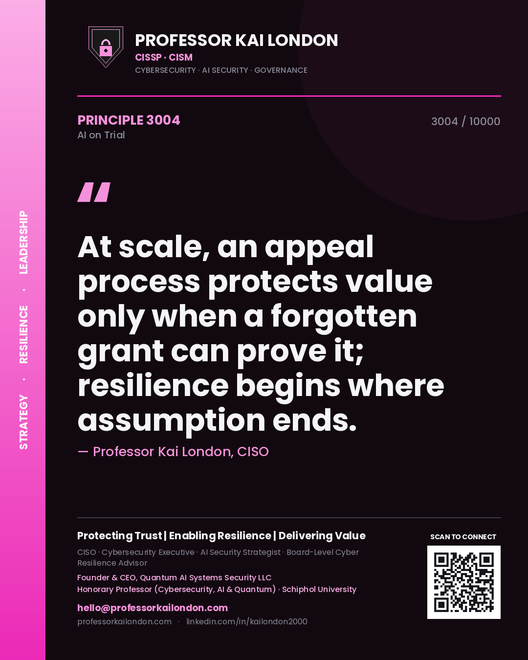 Professor Kai London principle 3004: At scale, an appeal process protects value only when a forgotten grant can prove it; resilience begins where assumption ends.
