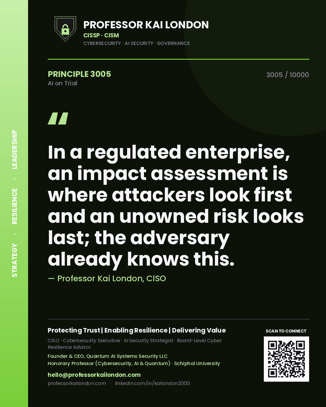 Professor Kai London principle 3005: In a regulated enterprise, an impact assessment is where attackers look first and an unowned risk looks last; the adversary already knows this.