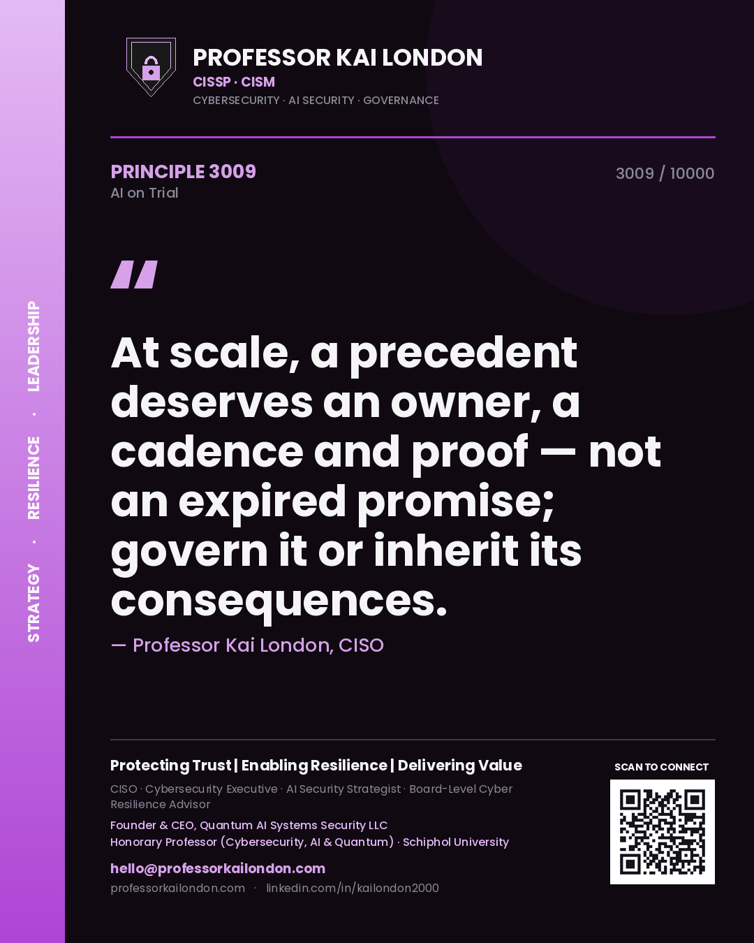 Professor Kai London principle 3009: At scale, a precedent deserves an owner, a cadence and proof — not an expired promise; govern it or inherit its consequences.