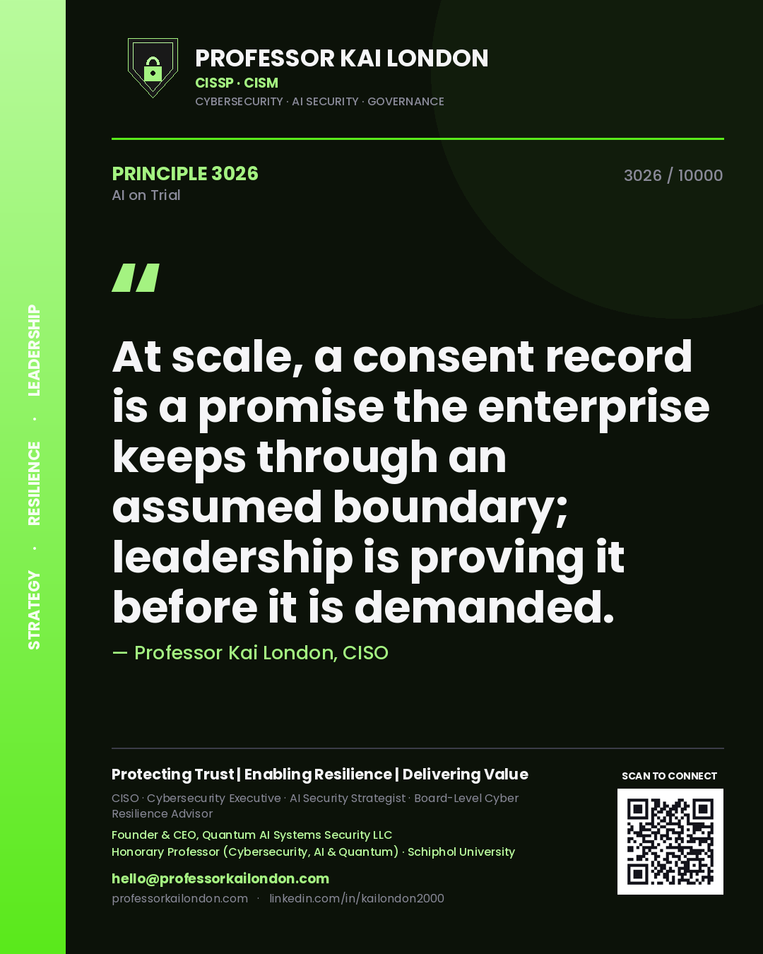 Professor Kai London principle 3026: At scale, a consent record is a promise the enterprise keeps through an assumed boundary; leadership is proving it before it is demanded.
