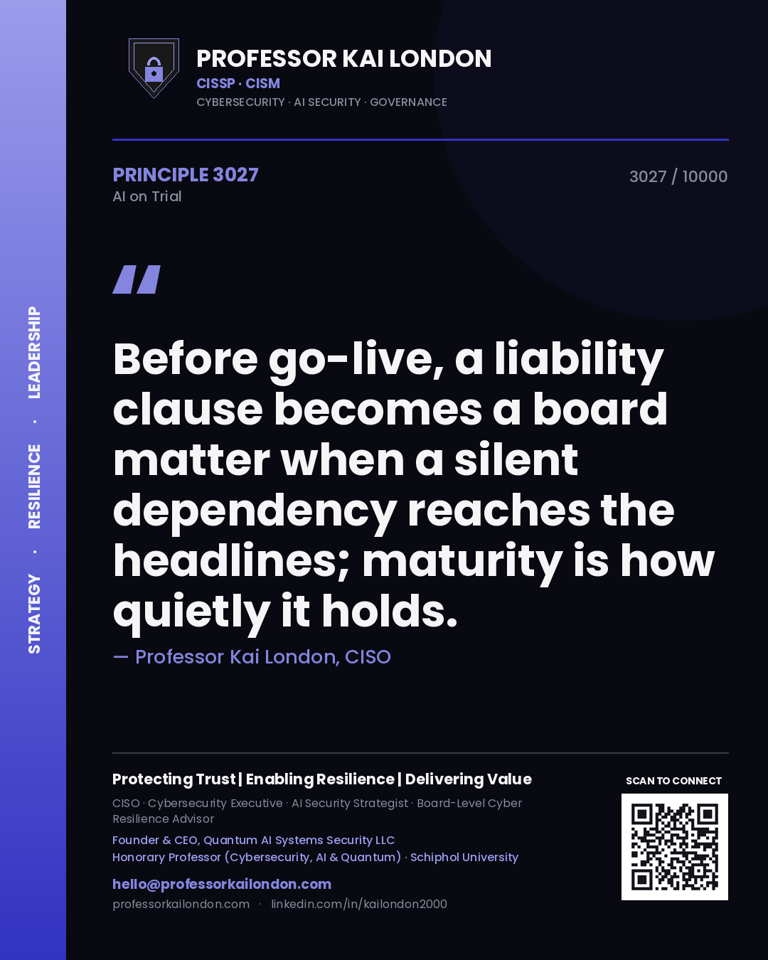 Professor Kai London principle 3027: Before go-live, a liability clause becomes a board matter when a silent dependency reaches the headlines; maturity is how quietly it holds.