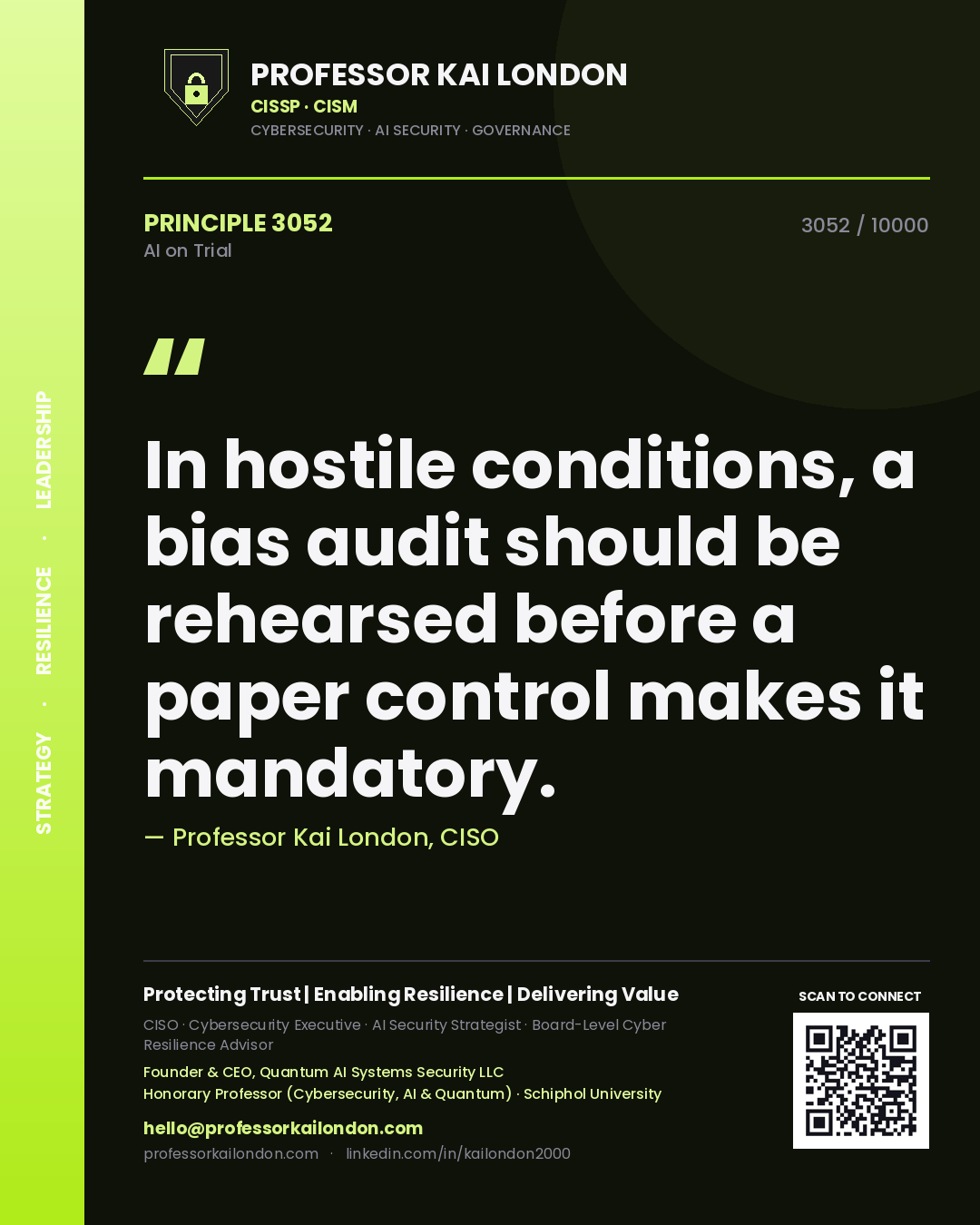 Professor Kai London principle 3052: In hostile conditions, a bias audit should be rehearsed before a paper control makes it mandatory.