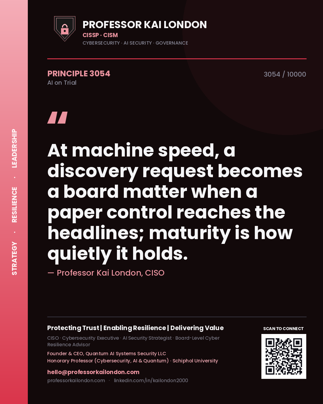 Professor Kai London principle 3054: At machine speed, a discovery request becomes a board matter when a paper control reaches the headlines; maturity is how quietly it holds.