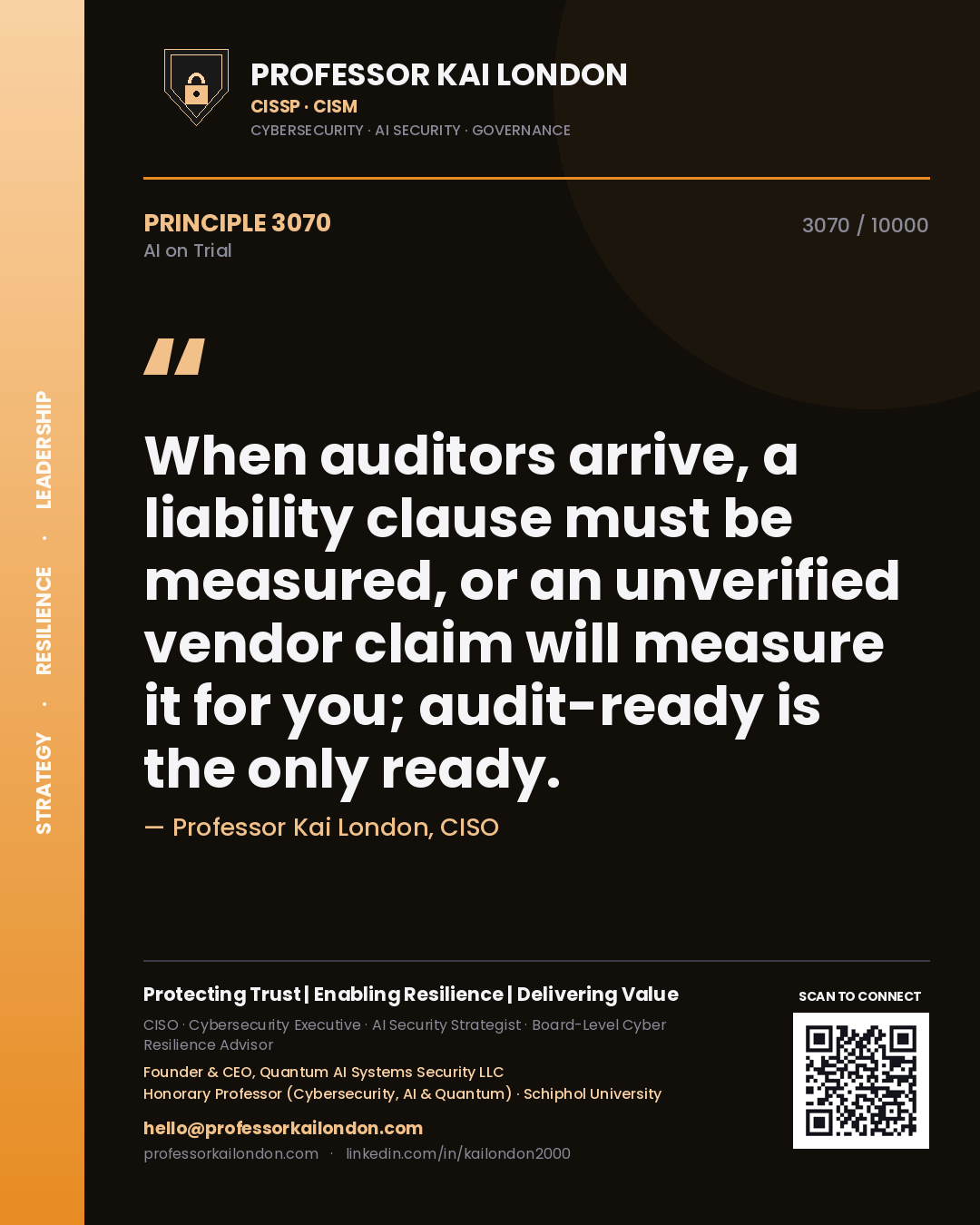 Professor Kai London principle 3070: When auditors arrive, a liability clause must be measured, or an unverified vendor claim will measure it for you; audit-ready is the only ready.