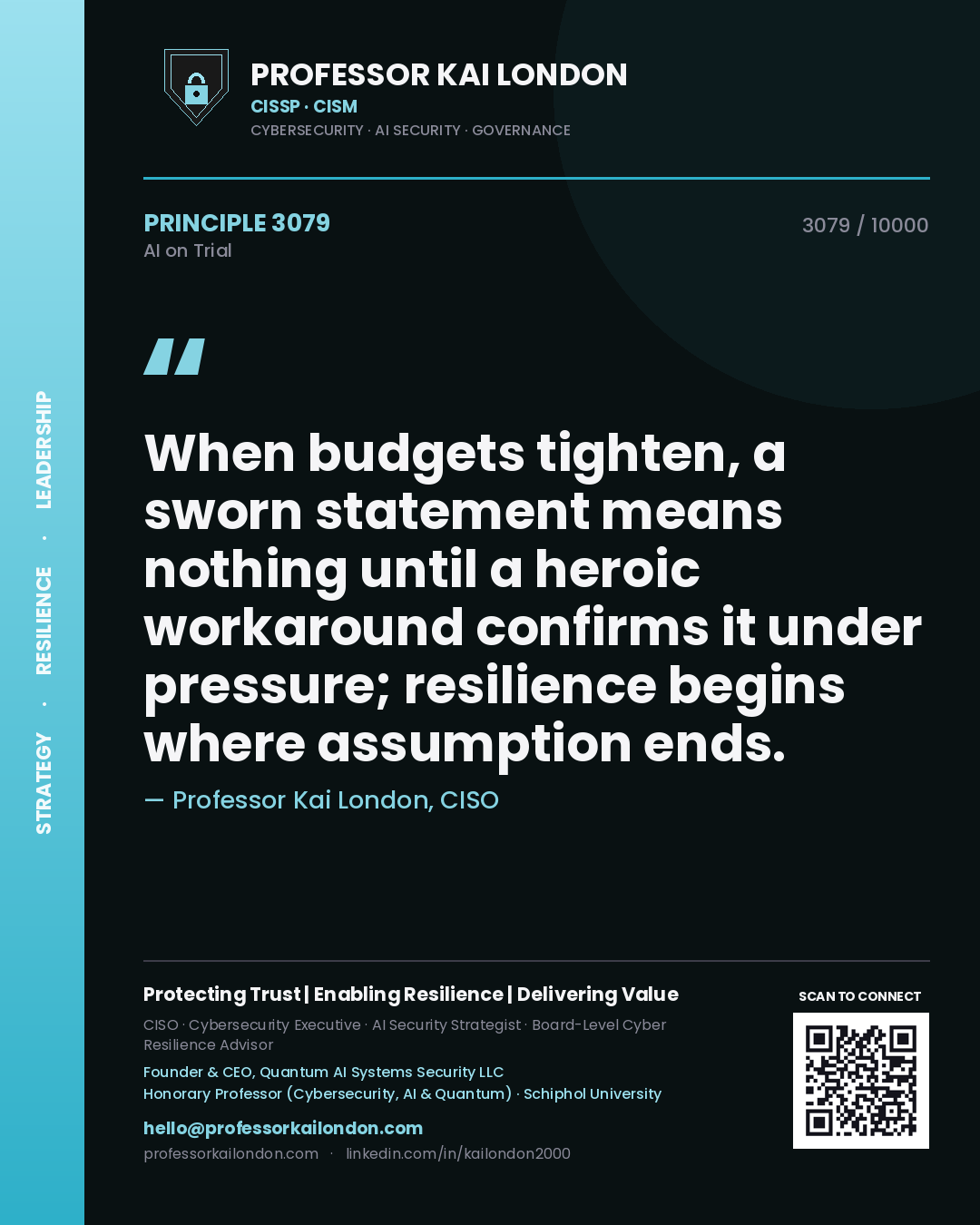 Professor Kai London principle 3079: When budgets tighten, a sworn statement means nothing until a heroic workaround confirms it under pressure; resilience begins where assumption ends.