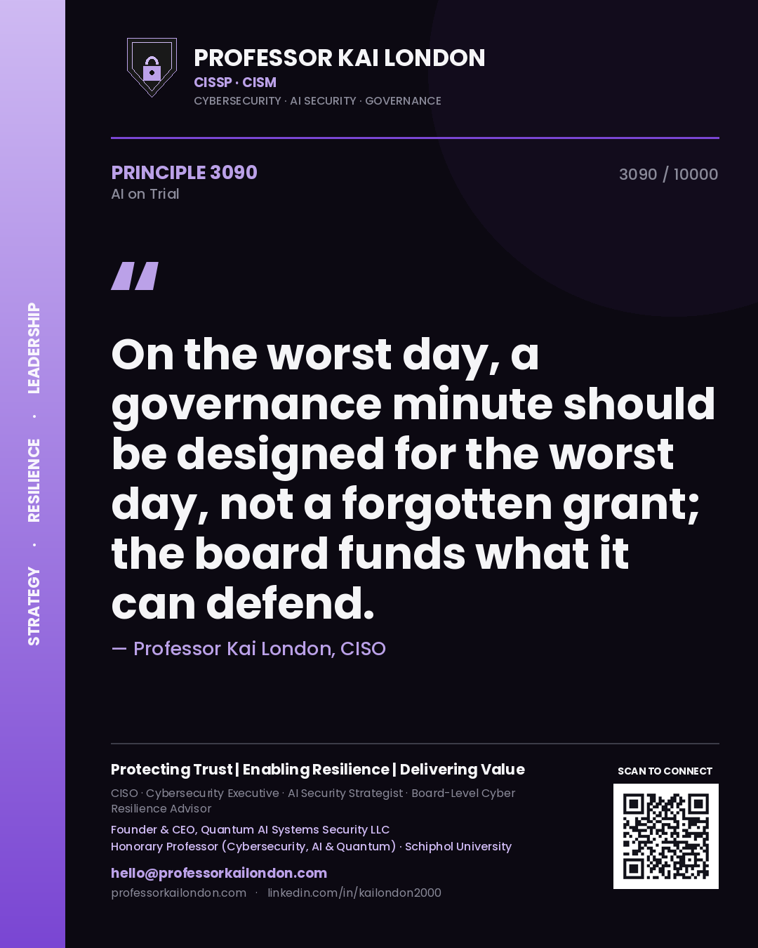 Professor Kai London principle 3090: On the worst day, a governance minute should be designed for the worst day, not a forgotten grant; the board funds what it can defend.