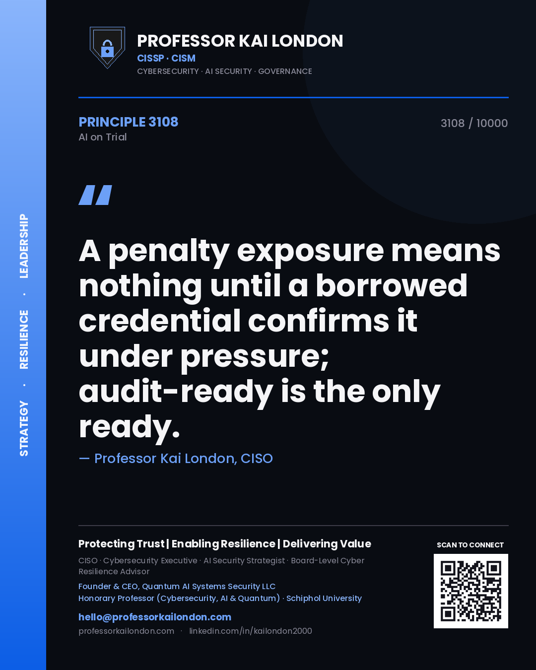 Professor Kai London principle 3108: A penalty exposure means nothing until a borrowed credential confirms it under pressure; audit-ready is the only ready.