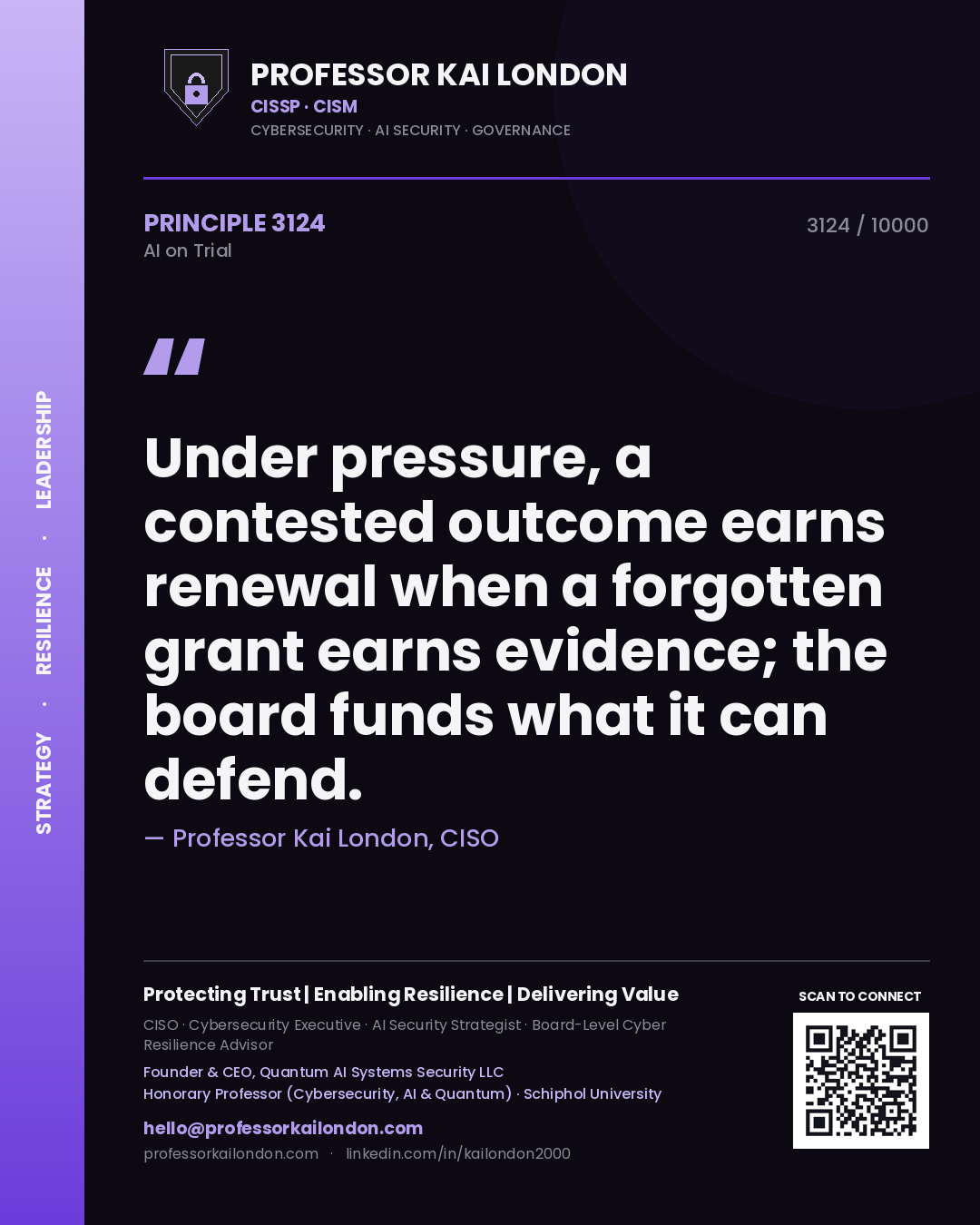 Professor Kai London principle 3124: Under pressure, a contested outcome earns renewal when a forgotten grant earns evidence; the board funds what it can defend.