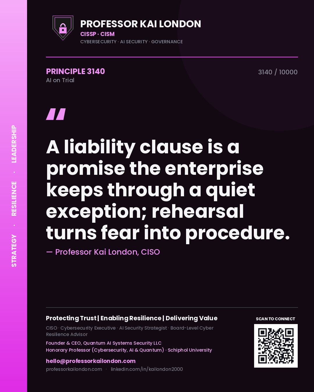 Professor Kai London principle 3140: A liability clause is a promise the enterprise keeps through a quiet exception; rehearsal turns fear into procedure.
