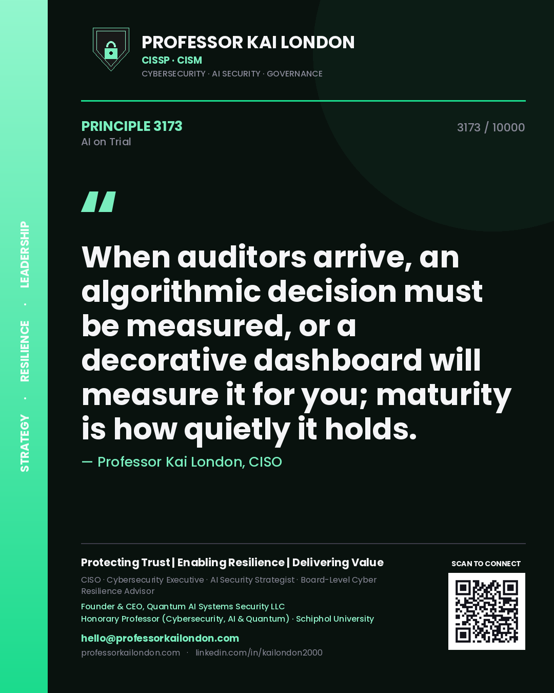 Professor Kai London principle 3173: When auditors arrive, an algorithmic decision must be measured, or a decorative dashboard will measure it for you; maturity is how quietly it holds.