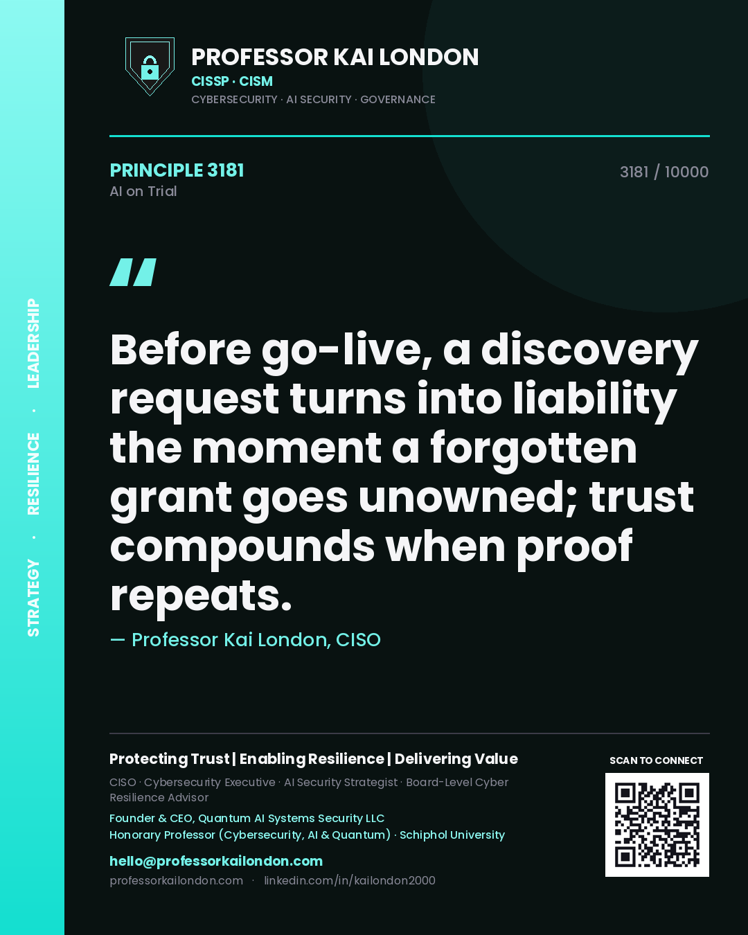 Professor Kai London principle 3181: Before go-live, a discovery request turns into liability the moment a forgotten grant goes unowned; trust compounds when proof repeats.