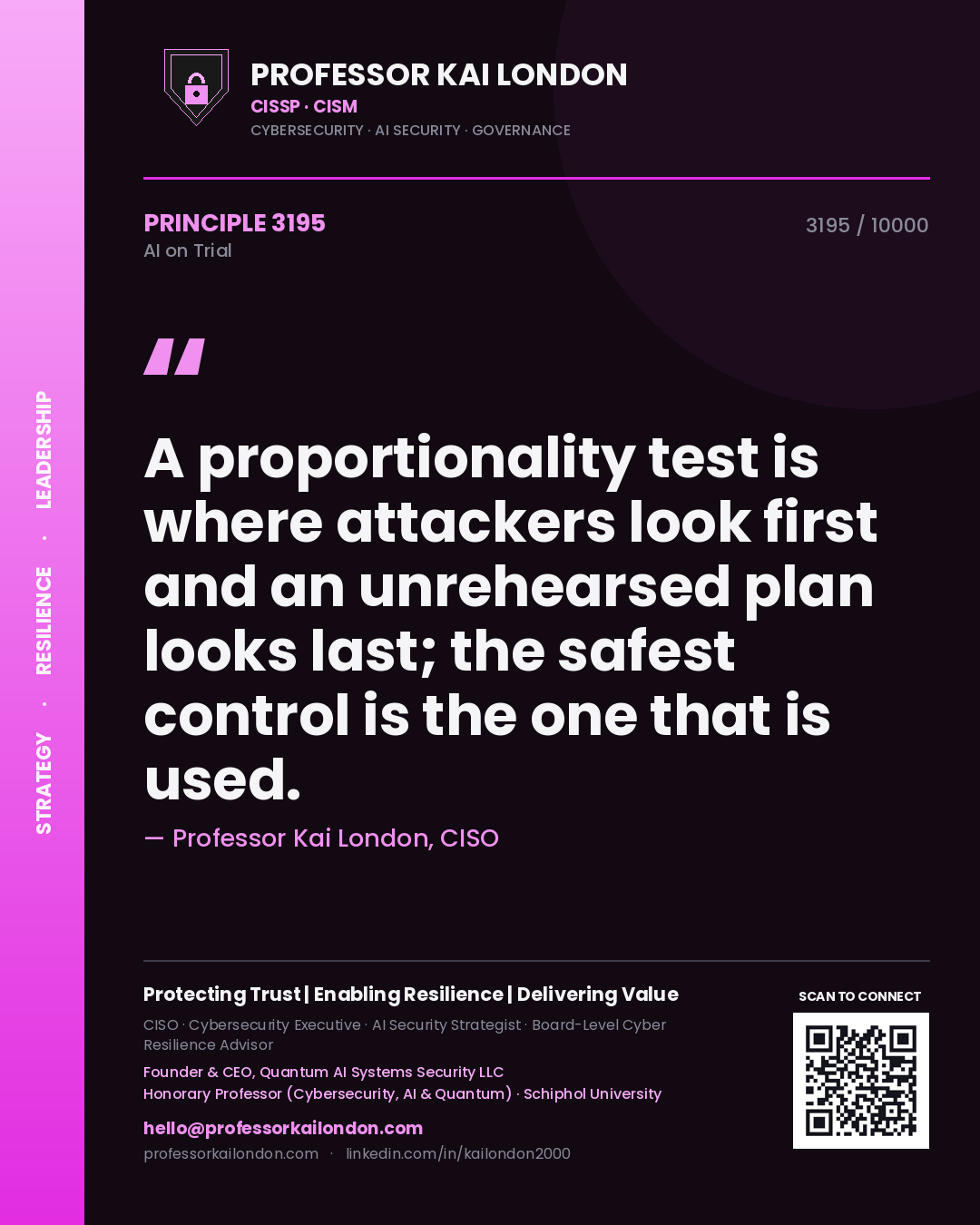 Professor Kai London principle 3195: A proportionality test is where attackers look first and an unrehearsed plan looks last; the safest control is the one that is used.