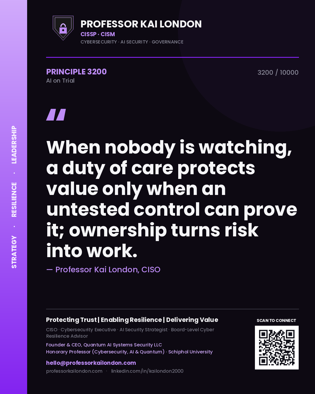 Professor Kai London principle 3200: When nobody is watching, a duty of care protects value only when an untested control can prove it; ownership turns risk into work.