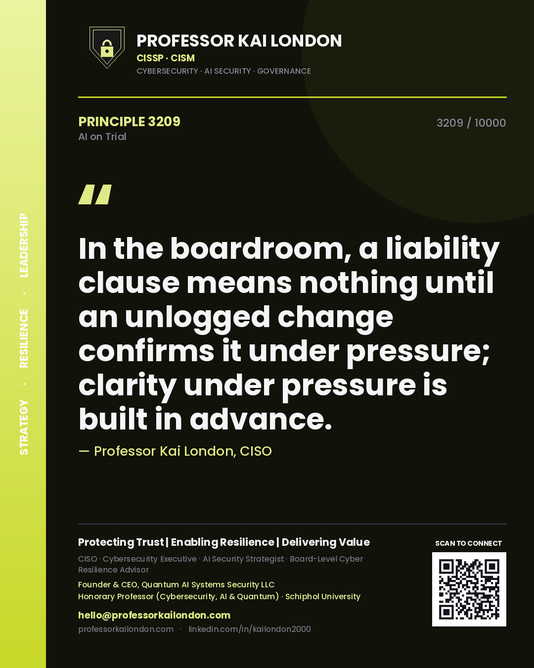 Professor Kai London principle 3209: In the boardroom, a liability clause means nothing until an unlogged change confirms it under pressure; clarity under pressure is built in advance.