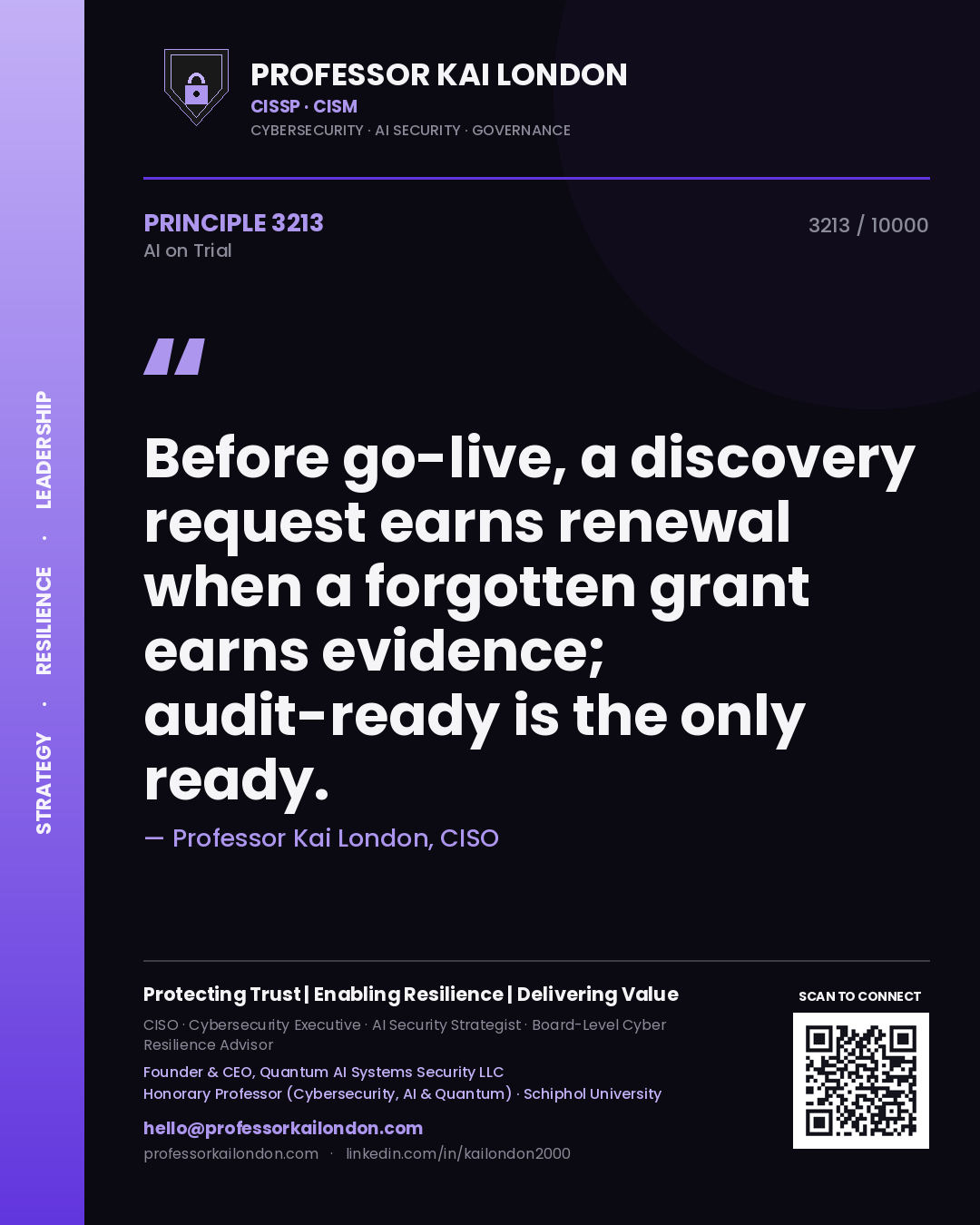 Professor Kai London principle 3213: Before go-live, a discovery request earns renewal when a forgotten grant earns evidence; audit-ready is the only ready.