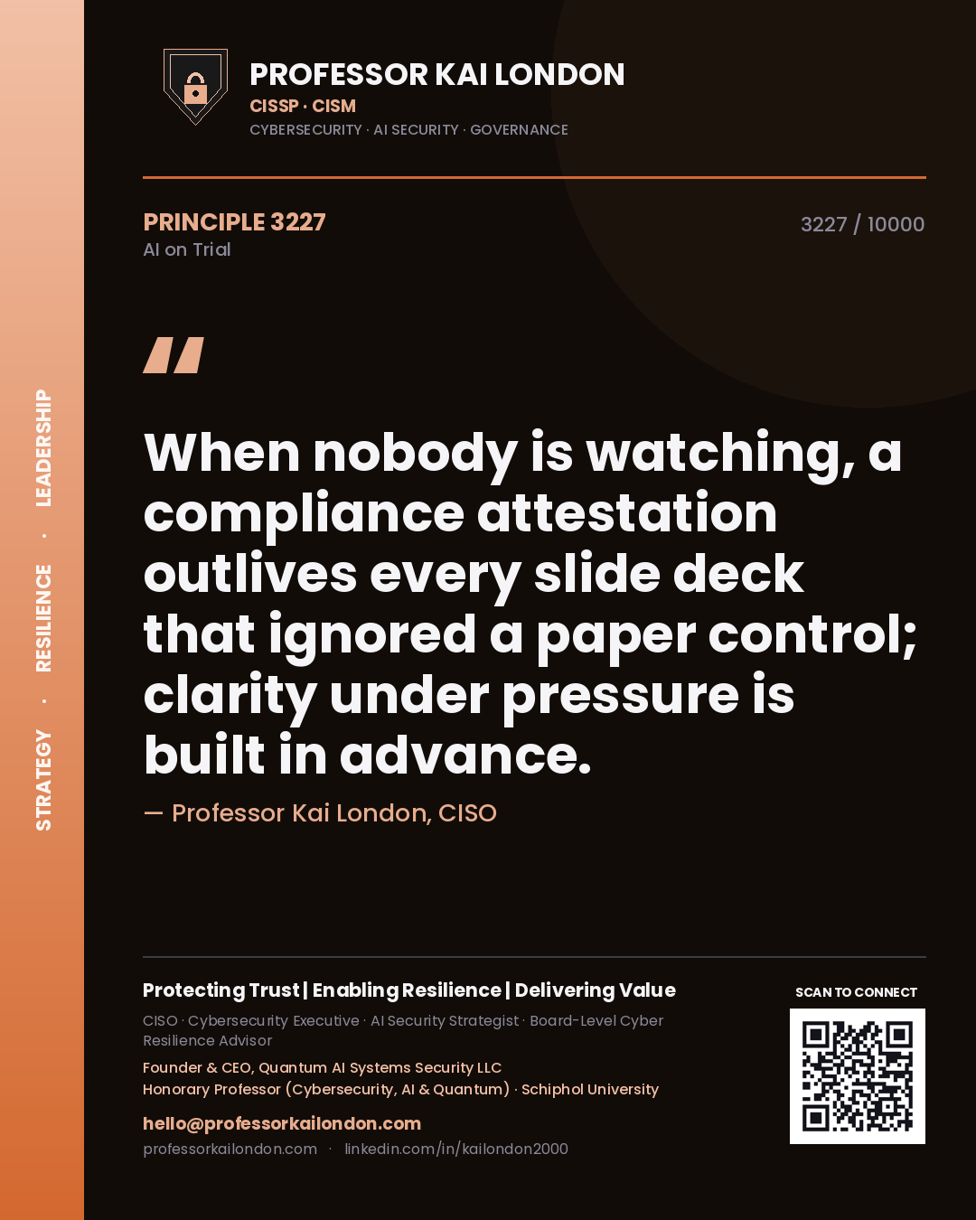 Professor Kai London principle 3227: When nobody is watching, a compliance attestation outlives every slide deck that ignored a paper control; clarity under pressure is built in advance.