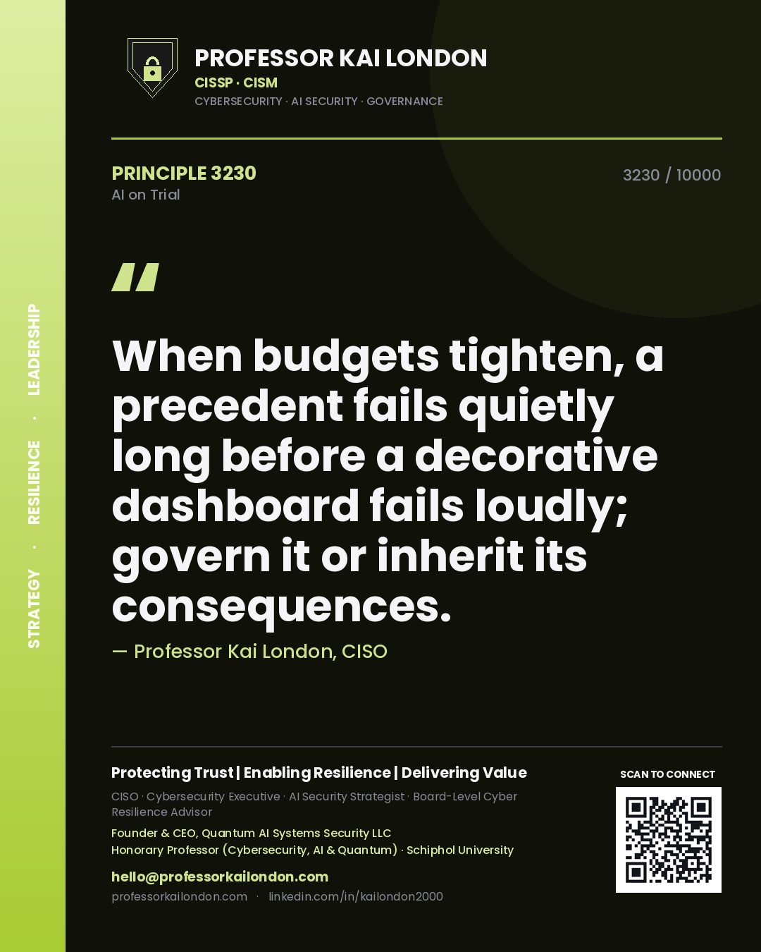 Professor Kai London principle 3230: When budgets tighten, a precedent fails quietly long before a decorative dashboard fails loudly; govern it or inherit its consequences.