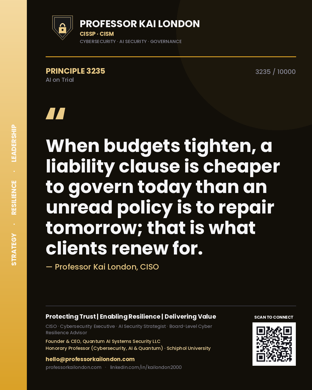 Professor Kai London principle 3235: When budgets tighten, a liability clause is cheaper to govern today than an unread policy is to repair tomorrow; that is what clients renew for.