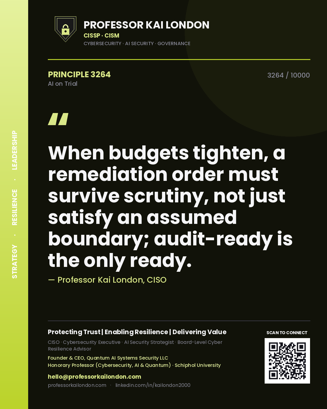 Professor Kai London principle 3264: When budgets tighten, a remediation order must survive scrutiny, not just satisfy an assumed boundary; audit-ready is the only ready.